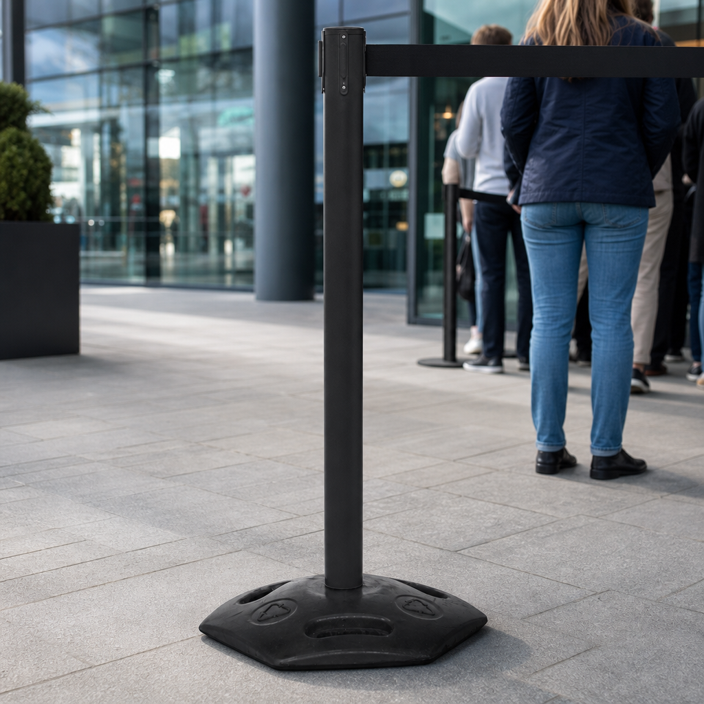 Weatherproof Belt Barrier System 3.4m x 50mm with Rubber Base for Outdoor Use
