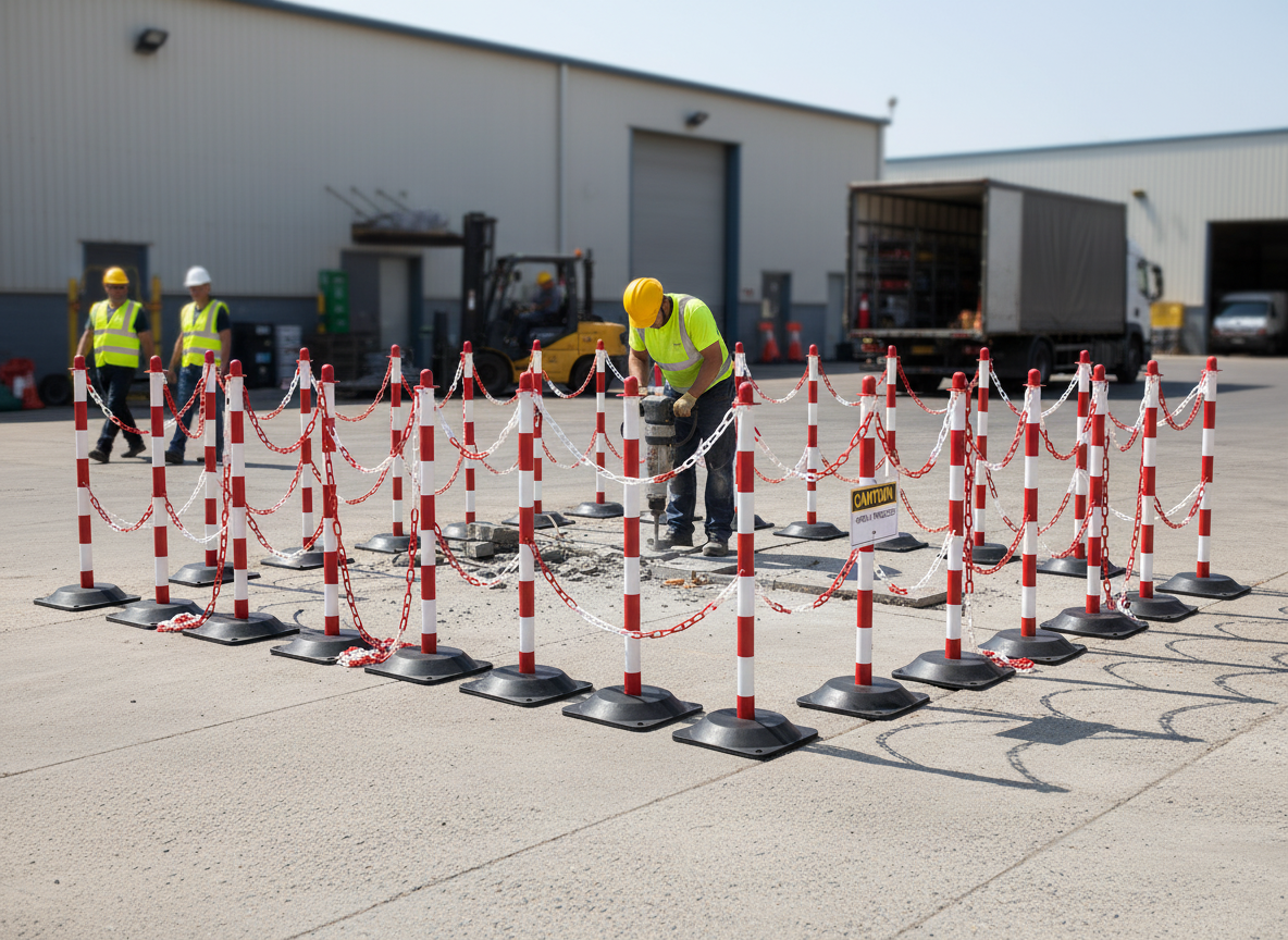 Premium Heavy Duty Post and Chain Barrier Kit with 16 Posts, 25m Plastic Chain for Indoor and Outdoor Use