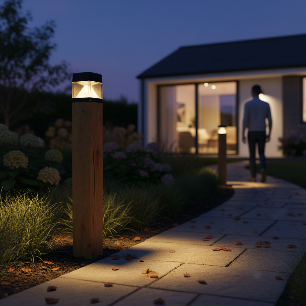 Premium Wooden Bollard Light with 360° Illumination, Waterproof Design, and Natural Timber Aesthetic for Outdoor Areas