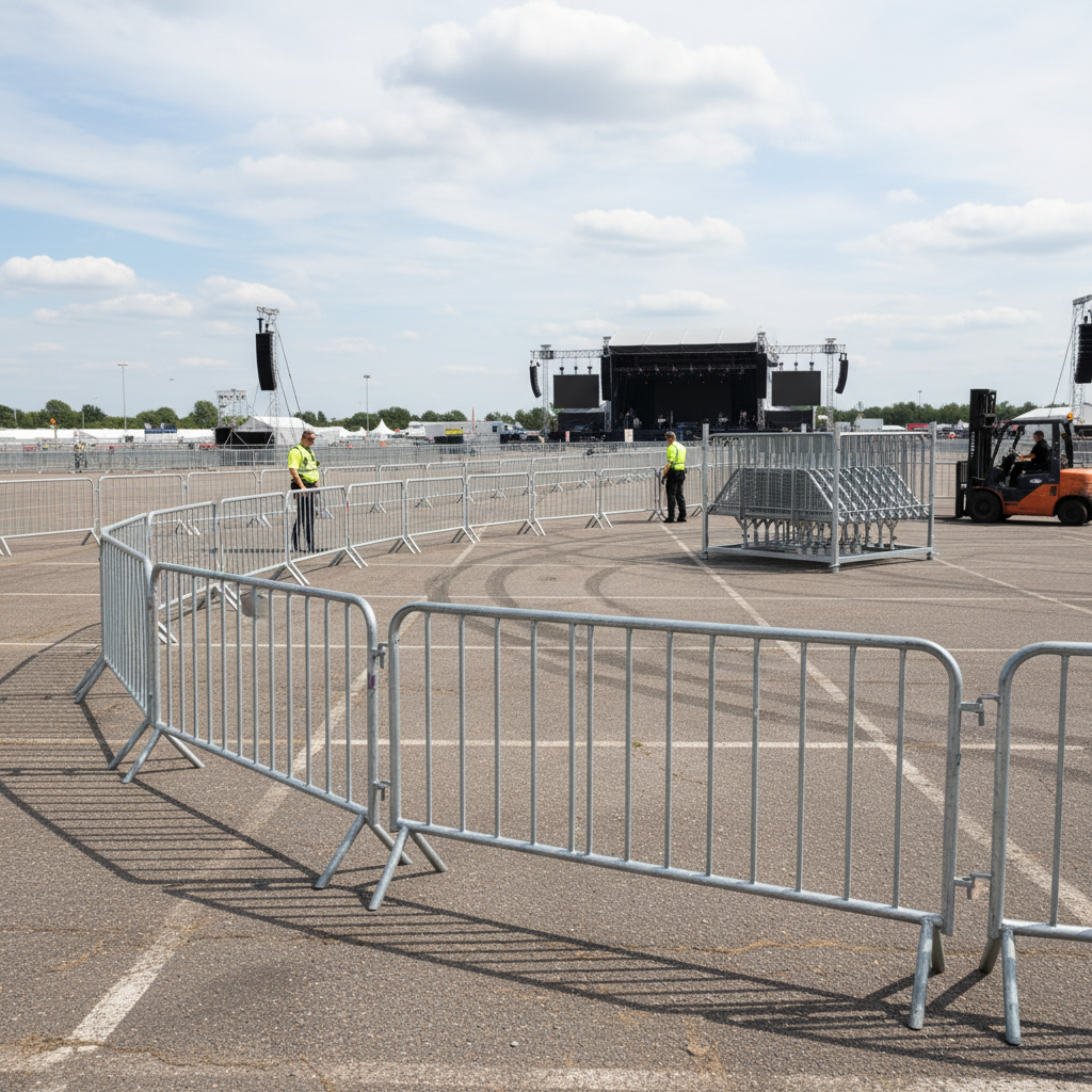 Professional Heavy Duty Crowd Control Barrier Package with Stacking Frame for Stage Events - 23m Length, Steel Construction