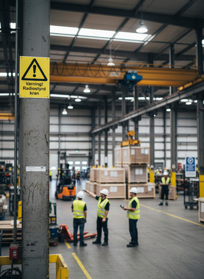 Premium Warning Sign for Radio-Controlled Crane in Various Materials and Sizes for Safety and Visibility at Workplaces
