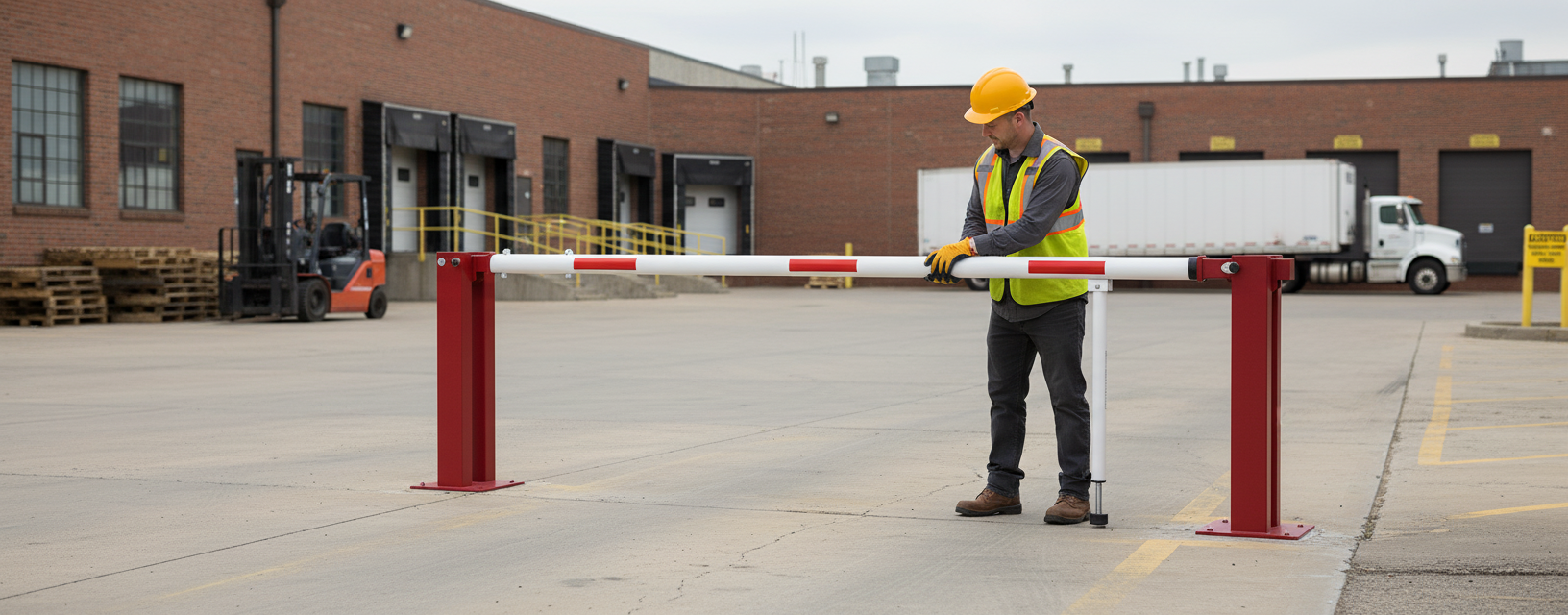Premium Manual Access Barrier with Pneumatic Spring and Hinged Pole Support for Driveways and Industrial Entrances