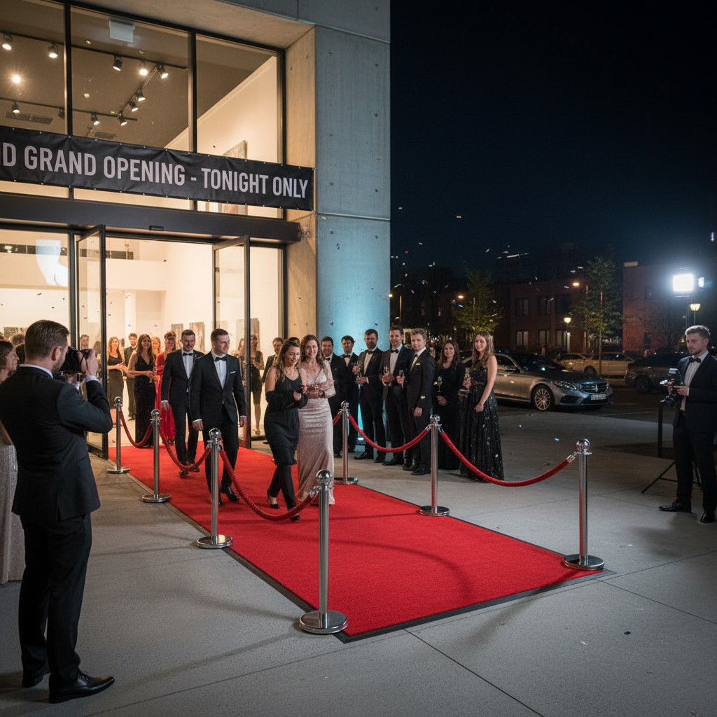 Premium Entrance Package with Carpet, Silver Stanchions, and Red Ropes for Store Entry