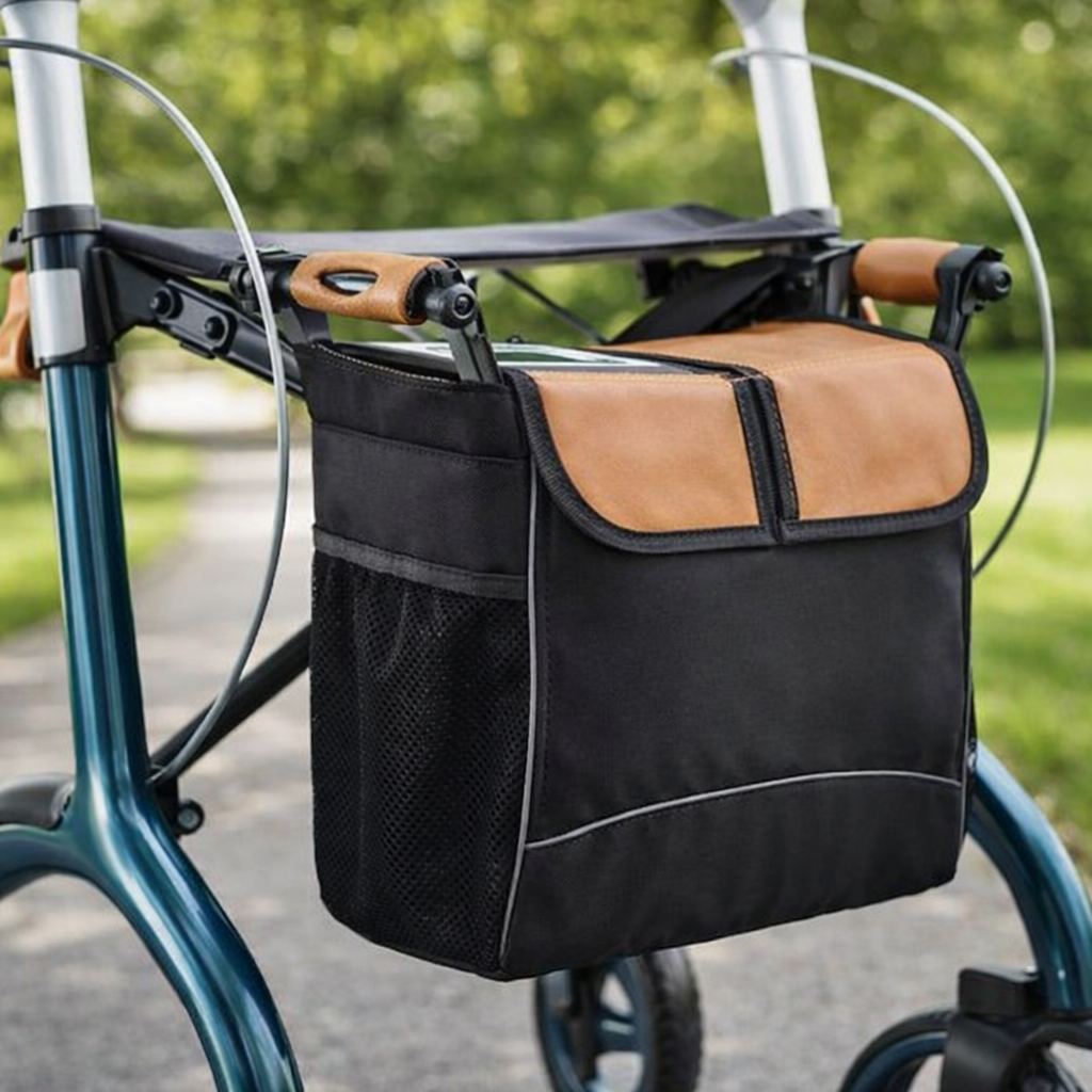 Rollator Bag – Black & Brown Leather – Stylish & Functional – Mobility Aid