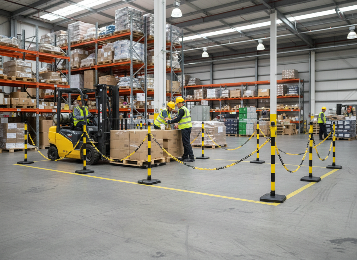 Premium Heavy Duty Post & Chain Barrier Kit with 16 Posts and 25m Plastic Chain for Crowd Control and Safety Applications