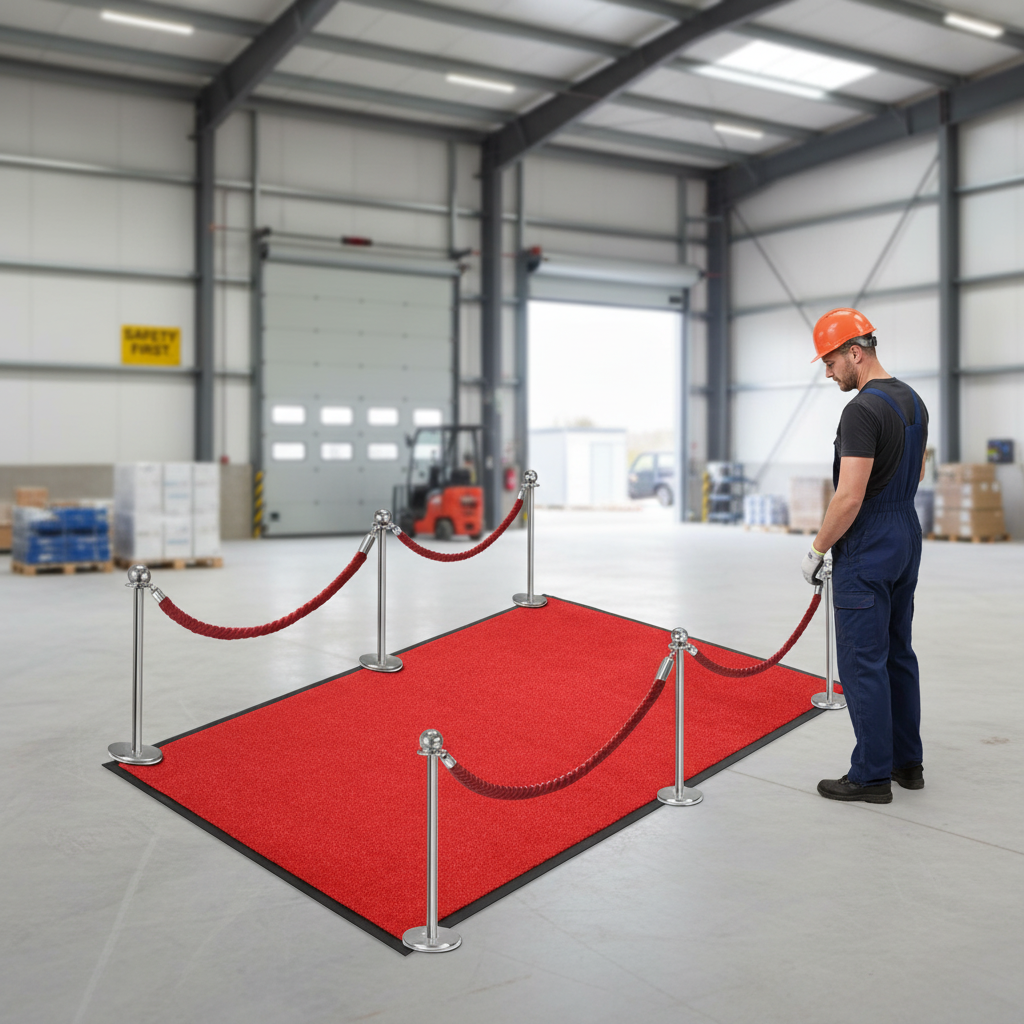 Premium Entrance Package with Carpet, Silver Stanchions, and Red Ropes for Store Entry