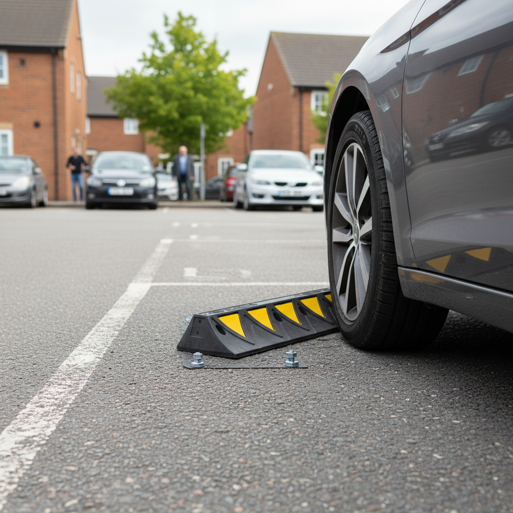 Premium Heavy Duty 900mm Wheel Stopper with Recycled PVC Construction and Reflective Arrows for... - side view | Barriers Co