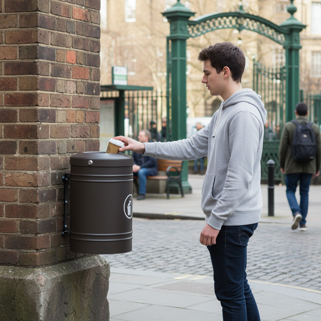 Premium 40L Outdoor Litter Bin with Self-Extinguishing Lid for Wall or Post Mounting - side view | Barriers Co