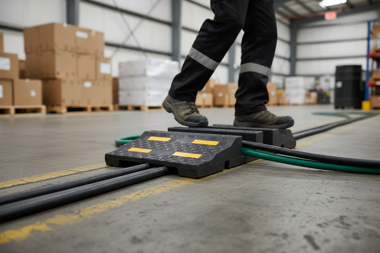 Premium Cable Protection Ramp for Electric Cables and Hoses - 500mm Long, Durable Vulcanised Rubber with Reflective Tape
