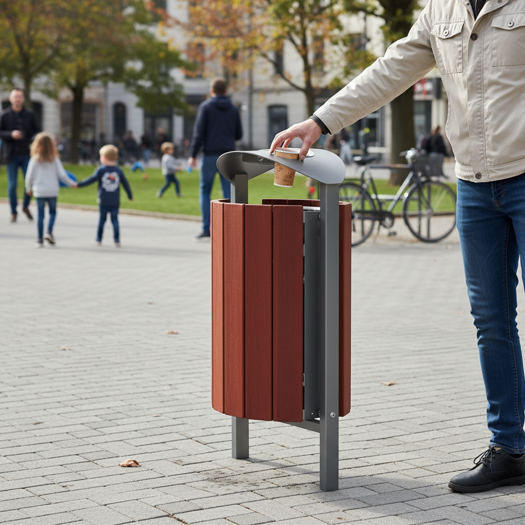 Premium 50L Litter Bin Made from Steel and Mahogany Stained Hardwood for Indoor and Outdoor Use - side view | Barriers Co