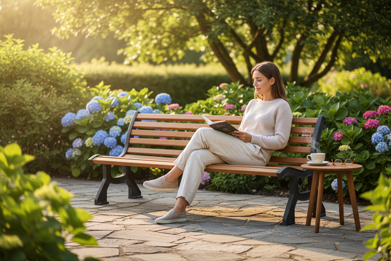 Premium Heavy Duty Bench with Rainforest Hardwood Slats for Parks and Gardens - Durable,... - side view | Barriers Co