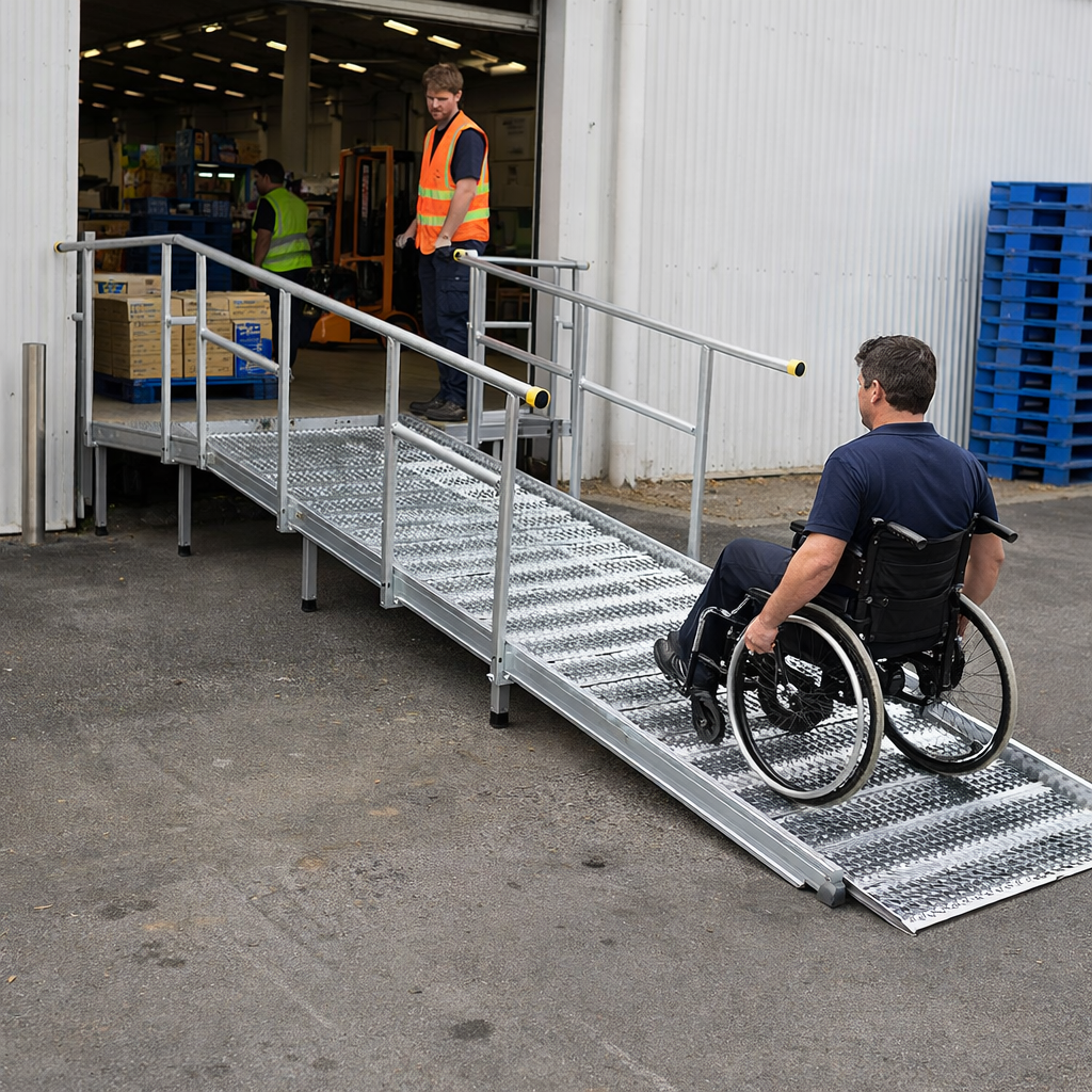 Aluminium Modular Ramp Kit – 1300mm x 5000mm – With Platform & Handrails – Wheelchair Access