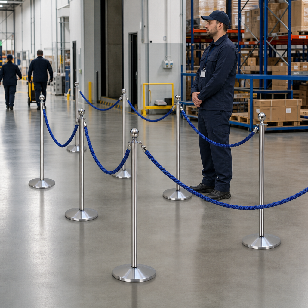 Silver Rope Barrier Set with Blue Ropes for Event Management (Pack of 8)