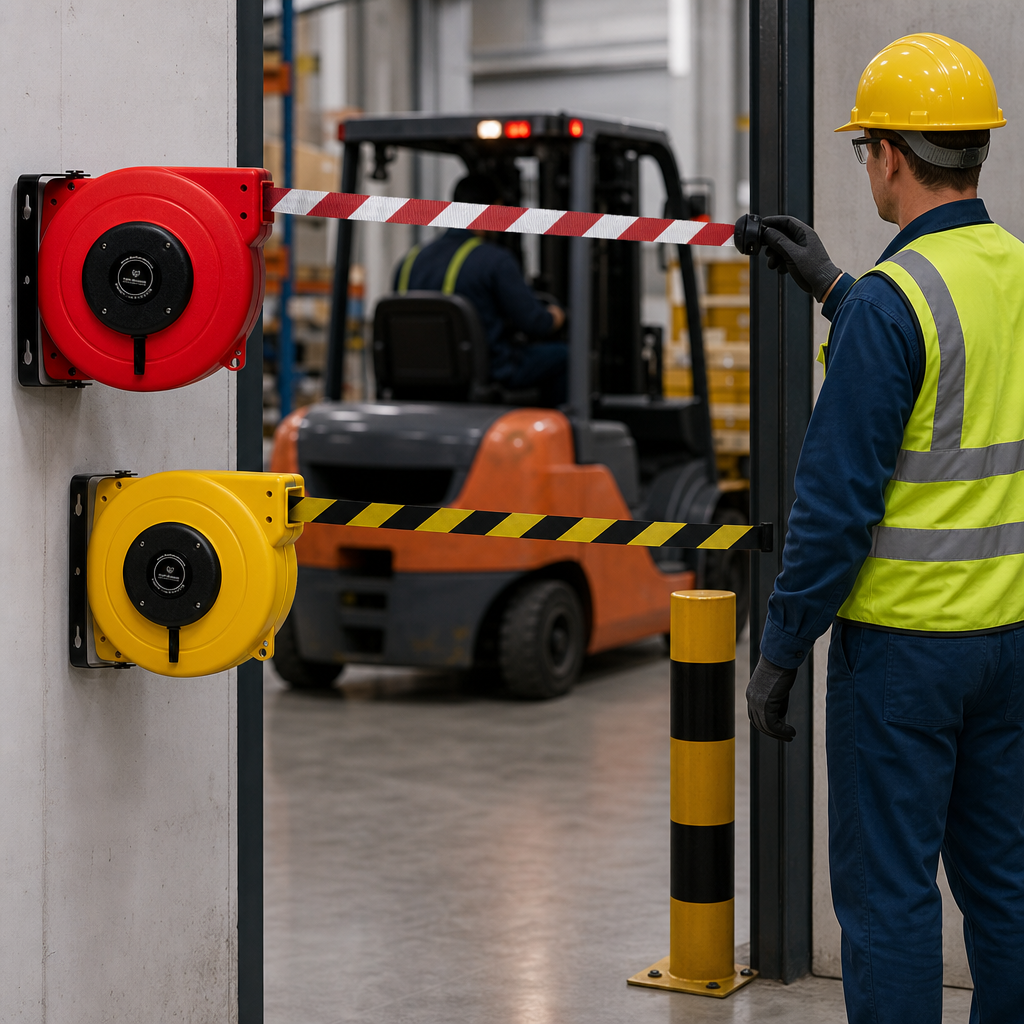 Heavy Duty Safety Barrier Reel with Adjustable Belt Length for Industrial Use