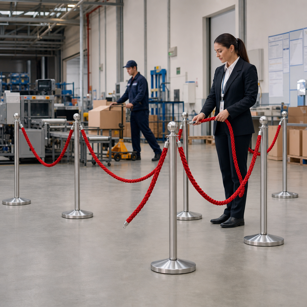 Silver Rope Barrier Set with Red Ropes for Event Management (Pack of 6)