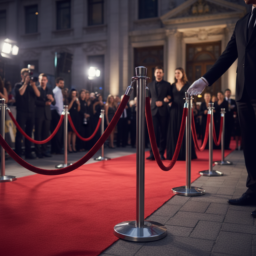 Premium VIP Entrance Package with Crown Top Stanchions, Braided Ropes, and Welcoming Red Carpet for Queue Management