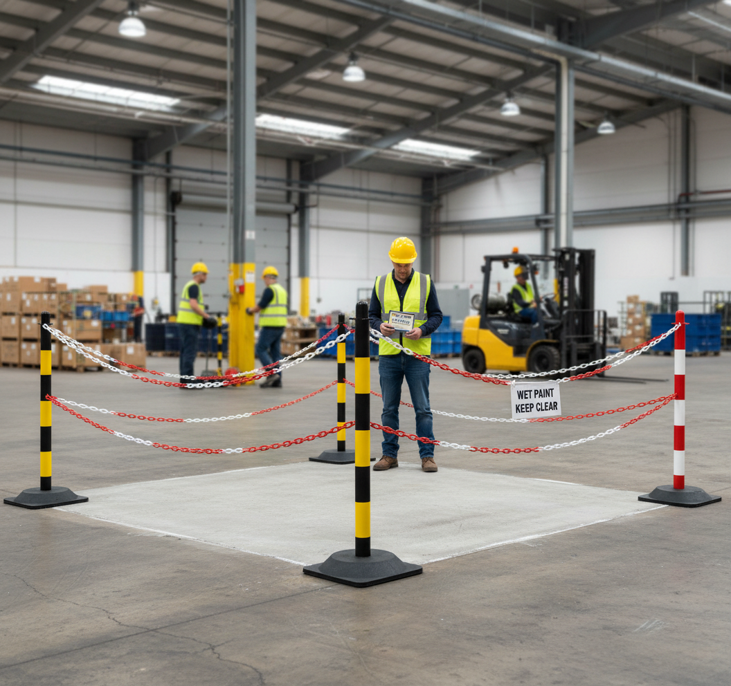Heavy Duty Plastic Safety Barrier Post with Rubber Base, 90cm High for Indoor and Outdoor Use