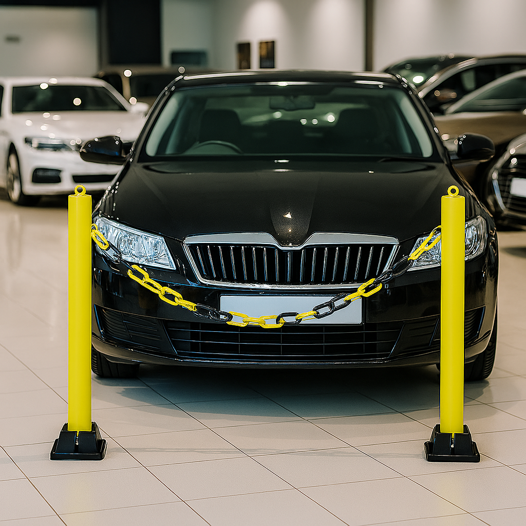 2 x 76mm Fold Down Yellow Parking Posts with Plastic Chain Kit 1