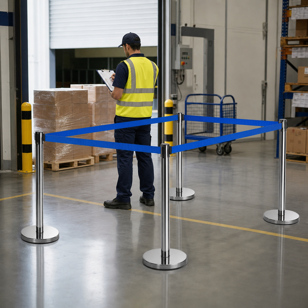 Belt Stanchion Set with Retractable Blue Belt for Event Management (Pack of 4)