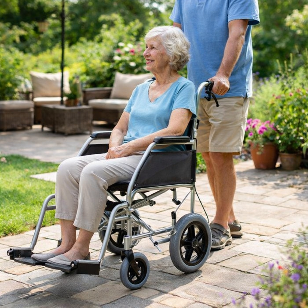 Lightweight Folding Transit Wheelchair – 115kg Capacity – Indoor/Outdoor Use