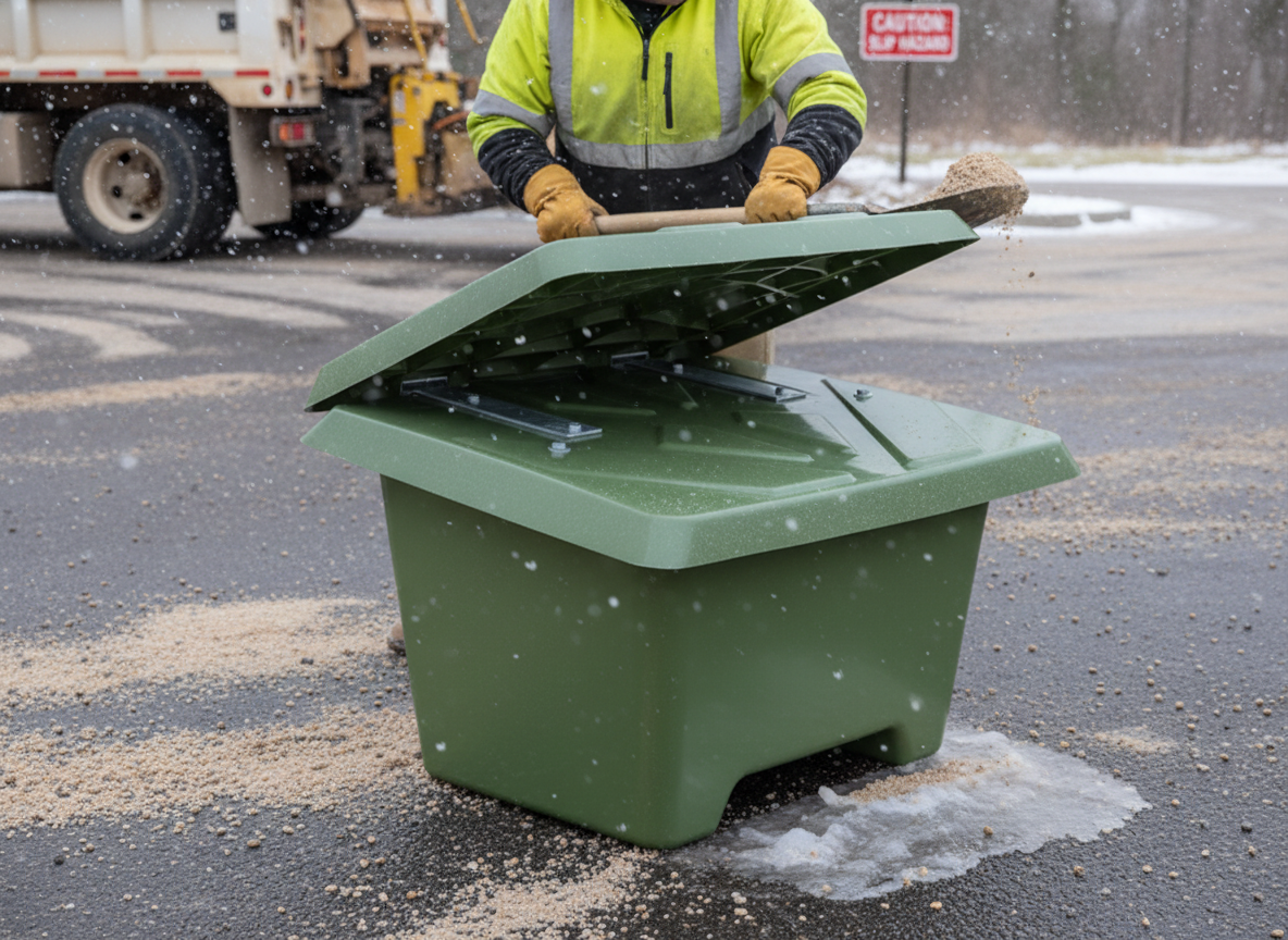Premium 65 Litre Grit Bin for De-Icing Salt Storage - Durable, Stackable, and Forklift Compatible