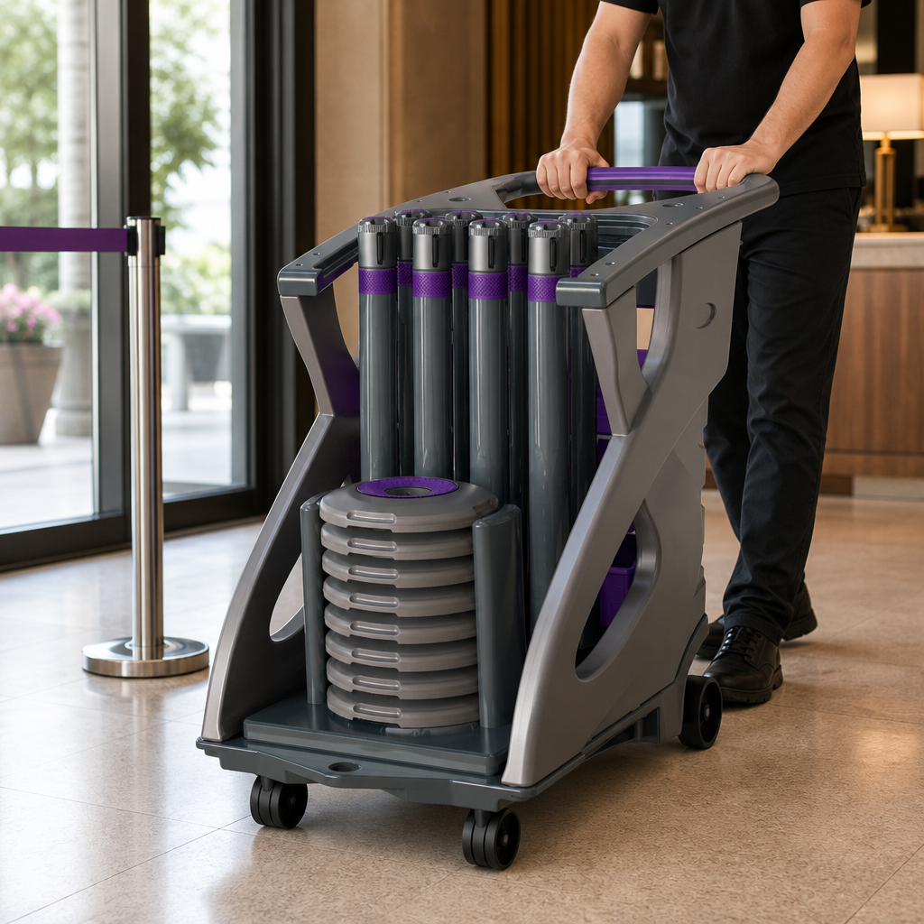 Purple Trolley for Transporting Barrier Posts and Bases