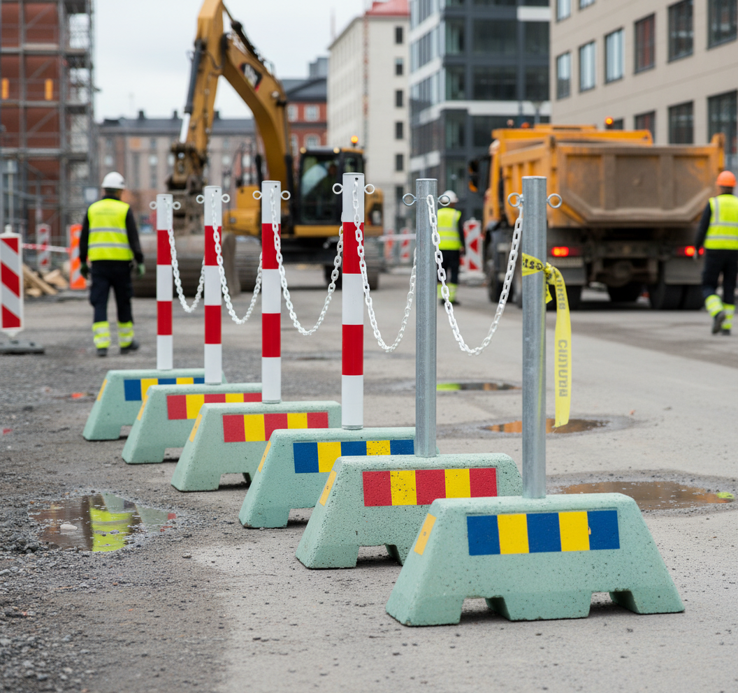 Premium Complete Barrier Solution with Concrete Block and Steel Chain Post for Construction Sites and Traffic Control
