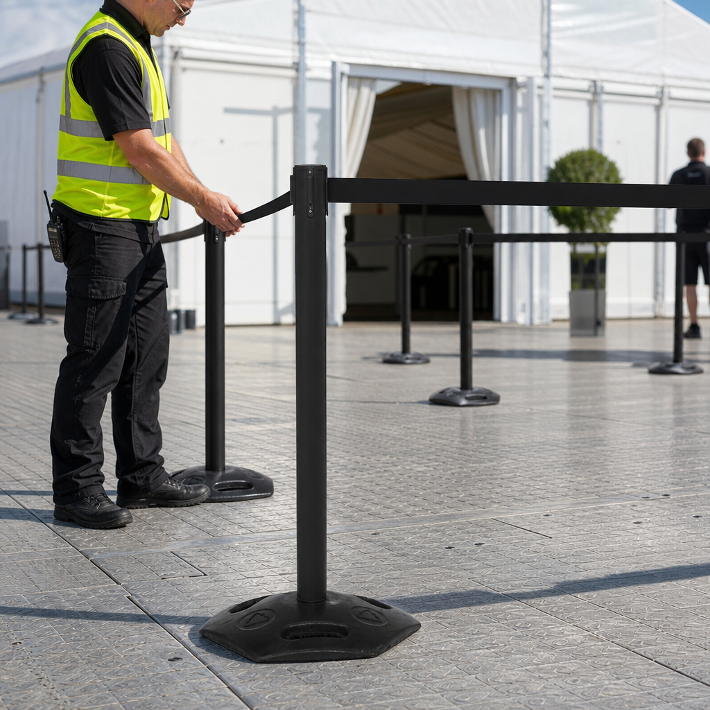 WeatherMaster 250 Outdoor Belt Barrier System 3.4m x 50mm with Rubber Base for Outdoor Events