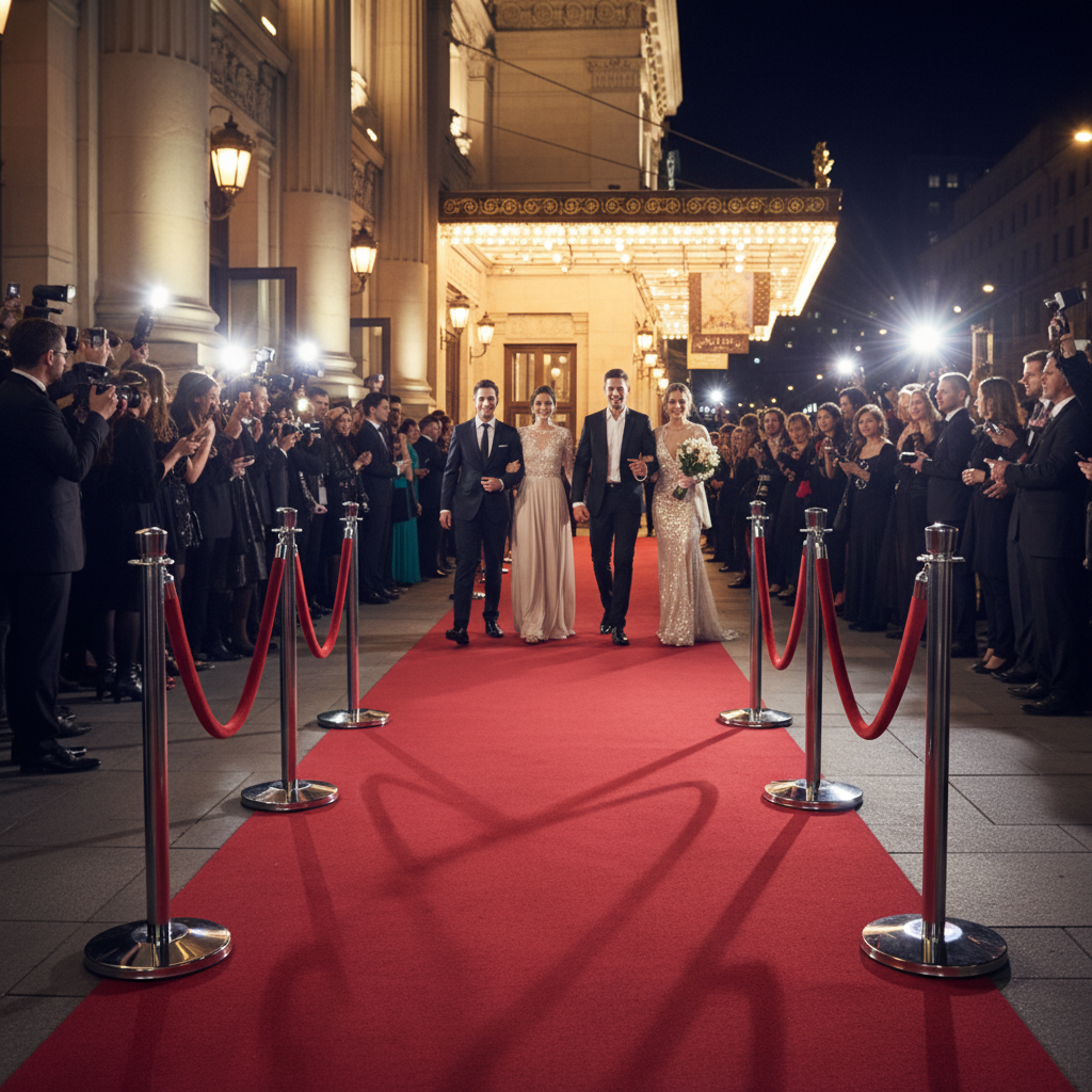 Premium VIP Entrance Package with Crown Top Stanchions, Braided Ropes, and Welcoming Red Carpet for Queue Management