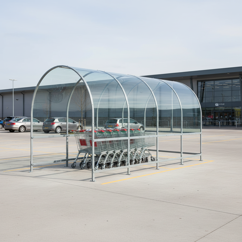 Heavy Duty Barrel Roof Trolley Shelter 4m for Retail Environments | Barriers Co