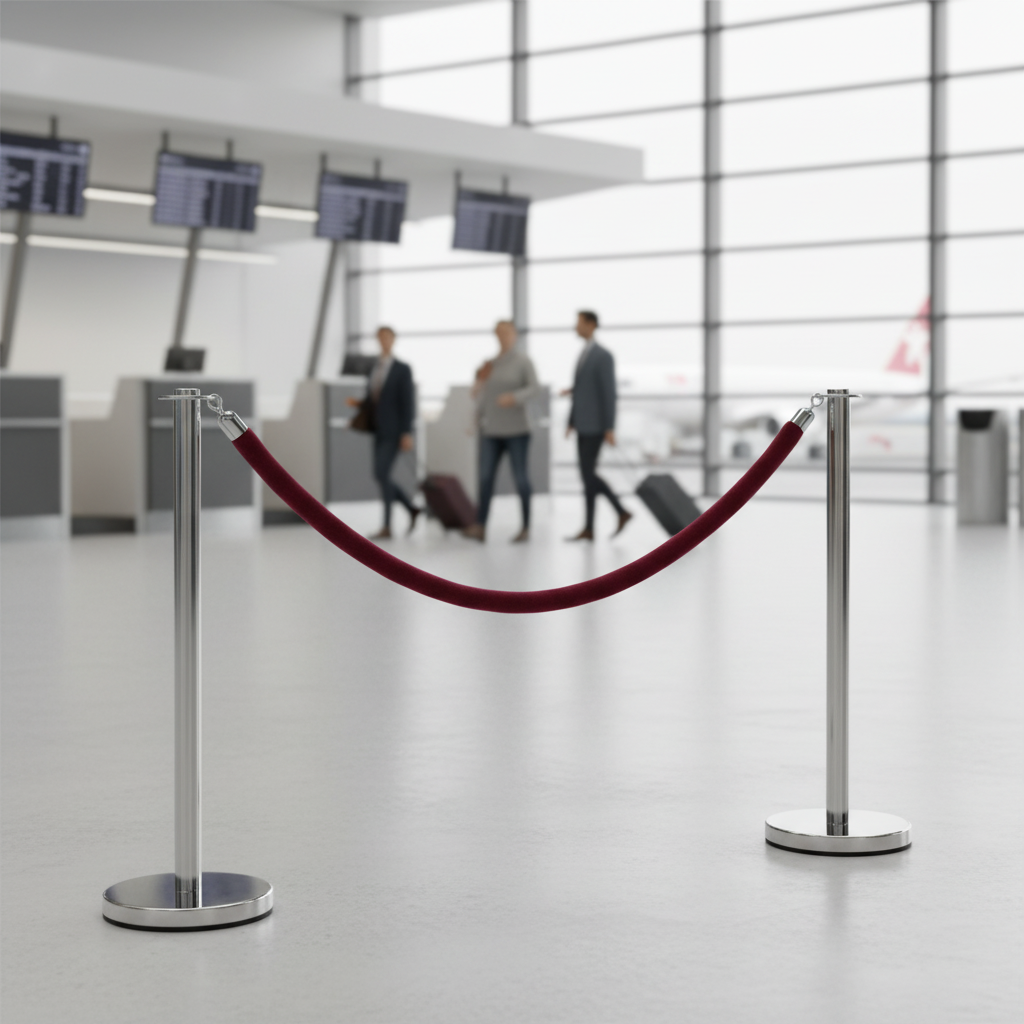Premium Post and Rope Barrier Set with Chrome Stanchions and Velvet Rope for Crowd Control