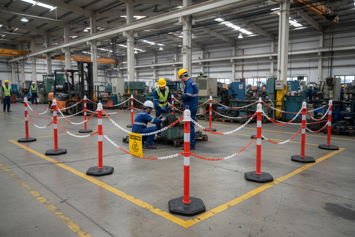 Premium Post & Chain Barrier Set with 15m Chain - Includes 6 Posts and Bases for Effective Traffic Control