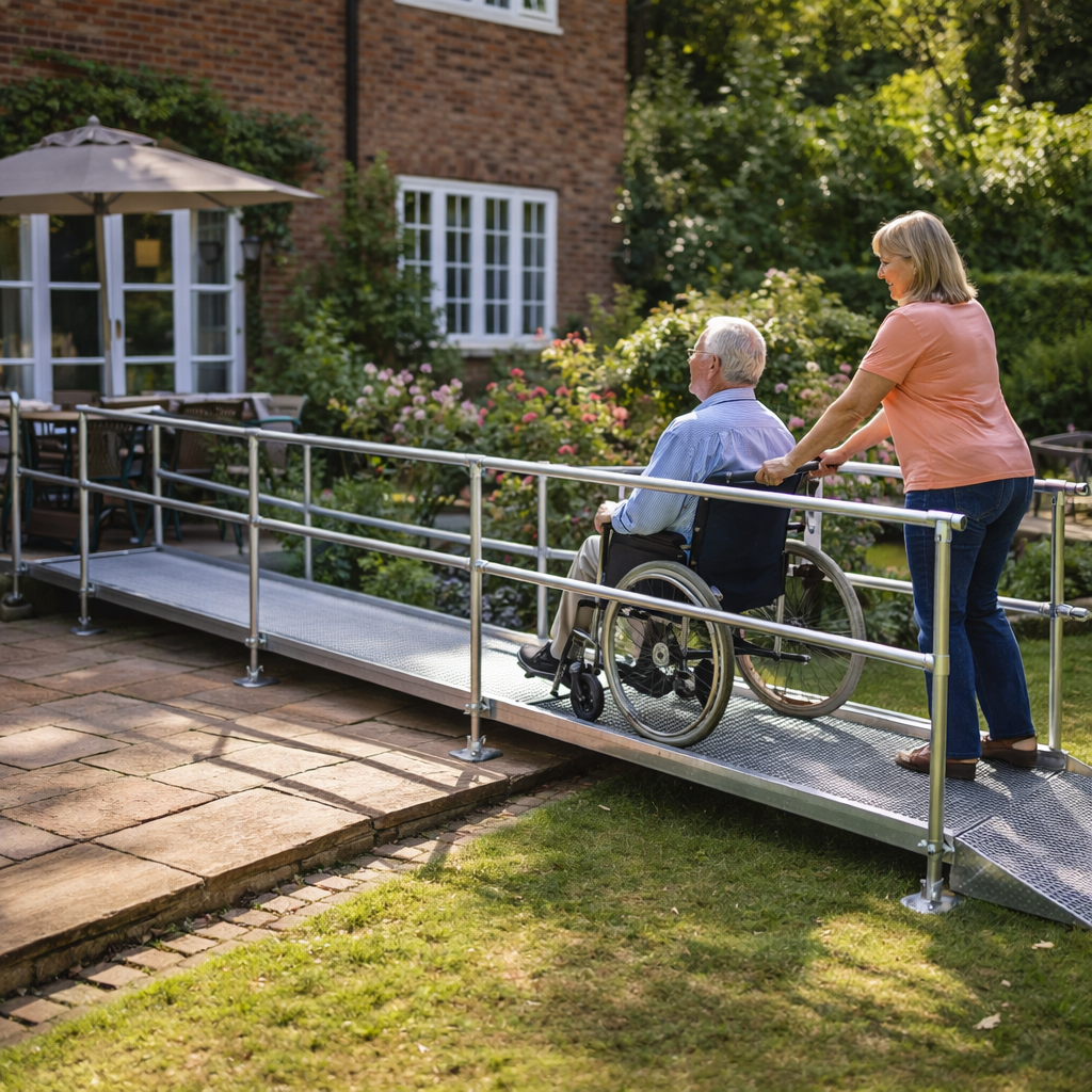 Modular Wheelchair Ramp Kit – 1080mm x 7000mm – Double Handrails – All-Weather Use