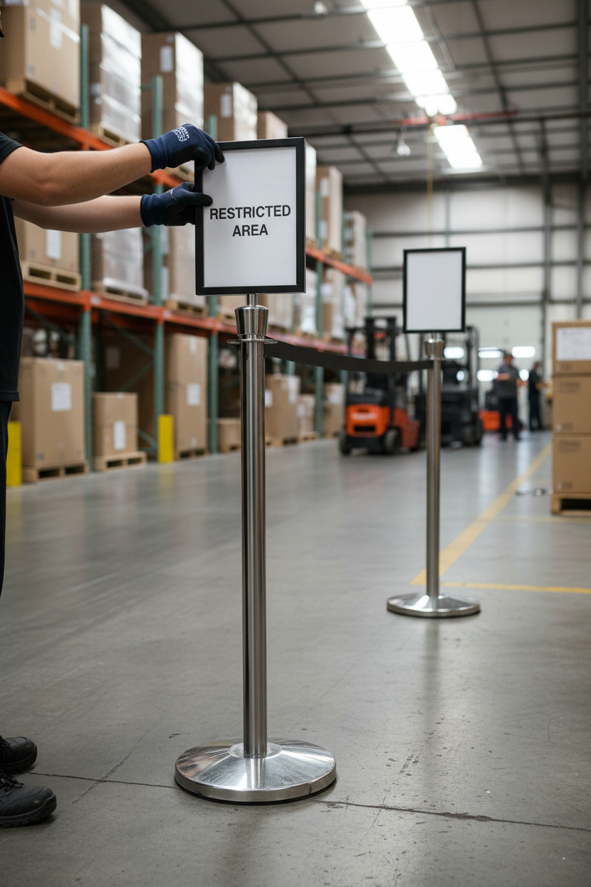 Premium Basic Stanchion with A4 Sign Frame for Visitor Direction, Available in Brass or Chrome Finish