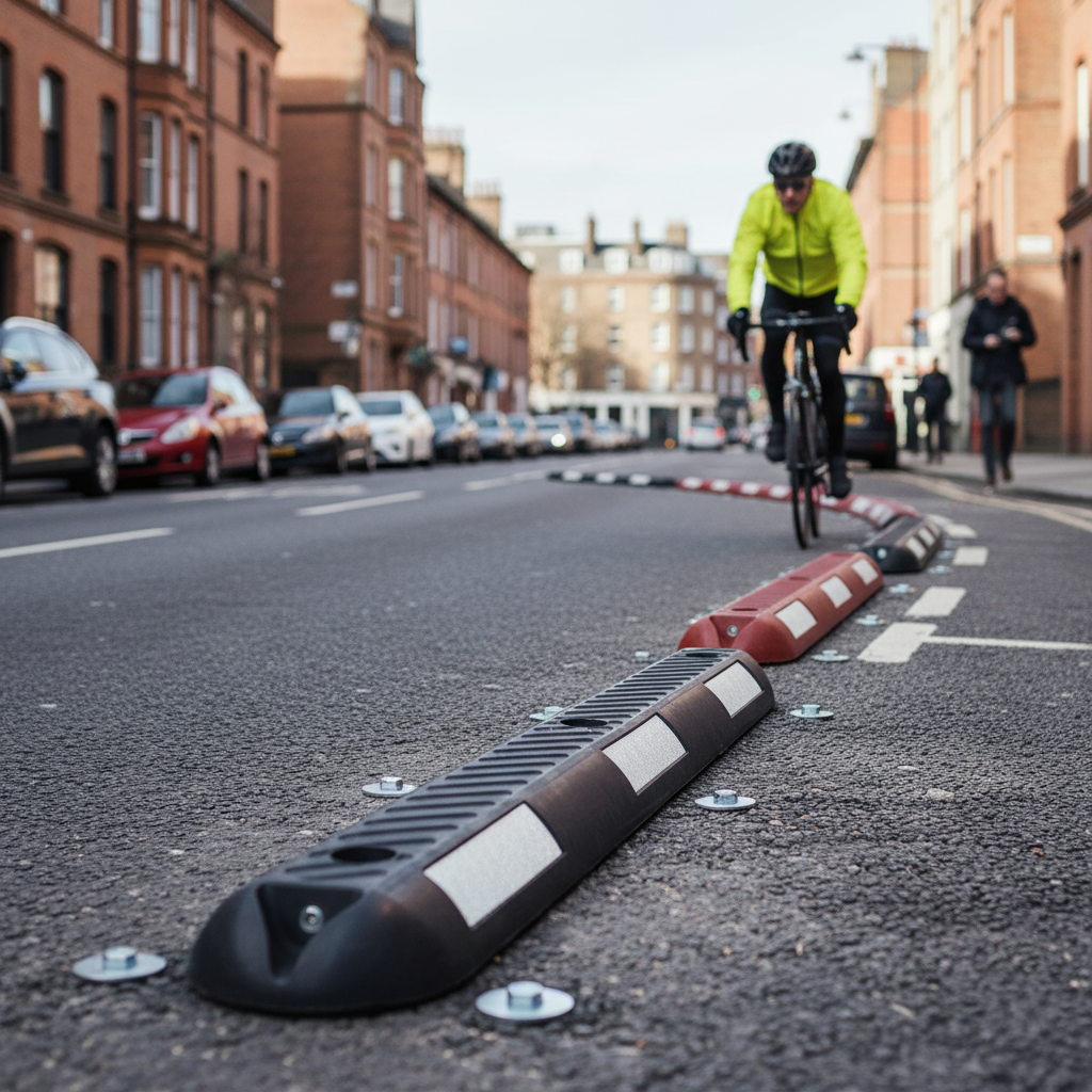 Premium Recycled Rubber Cycle Lane Separator with High Visibility Reflective Panels for Safe Traffic Management | Barriers Co