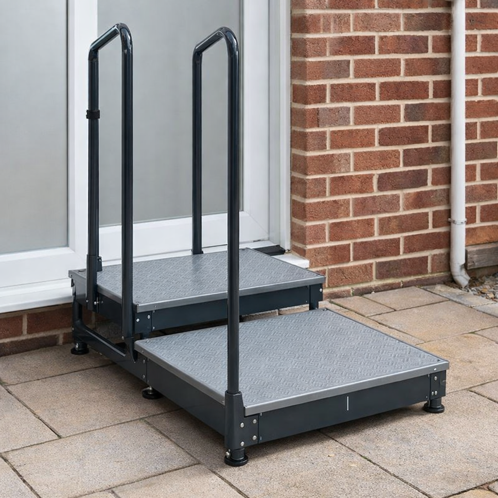 Double Half Step with Handrail – Black – 400kg Capacity – Mobility Aid
