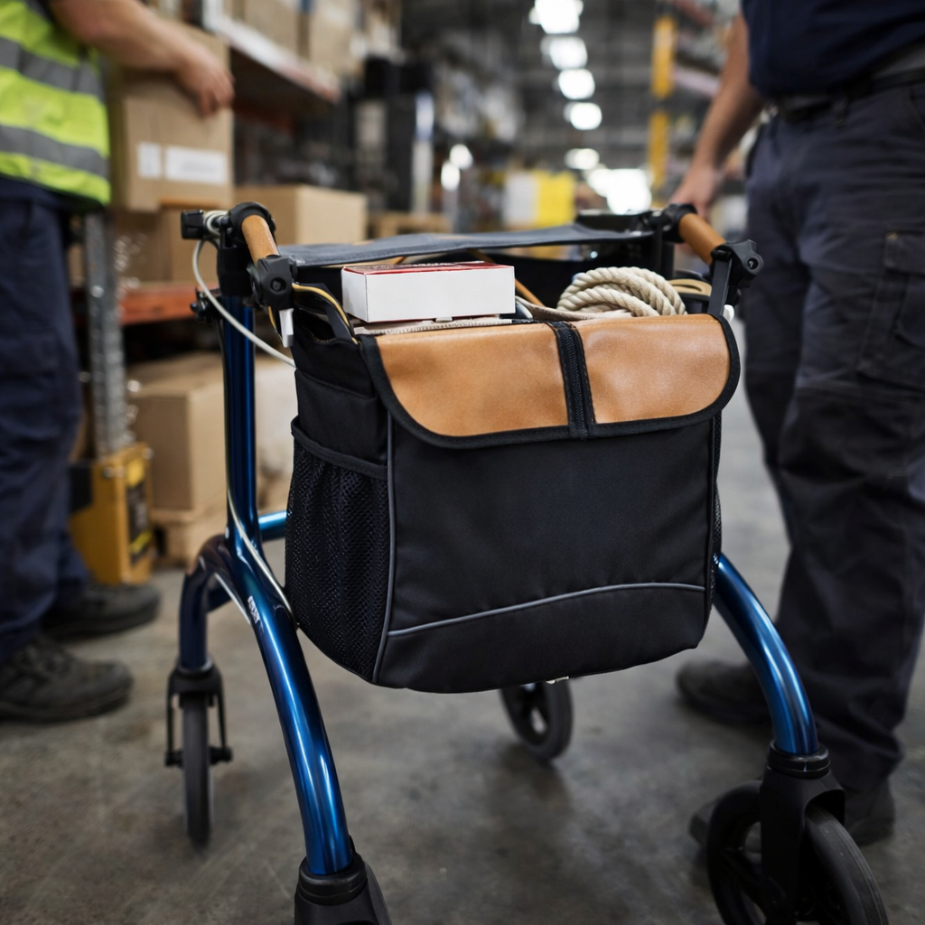 Rollator Bag – Black & Brown Leather – Stylish & Functional – Mobility Aid