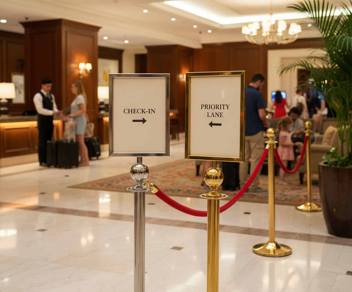 Premium A4 Sign Holder for Rope Stanchions - Polished Chrome & Brass Finish with Acrylic Frames