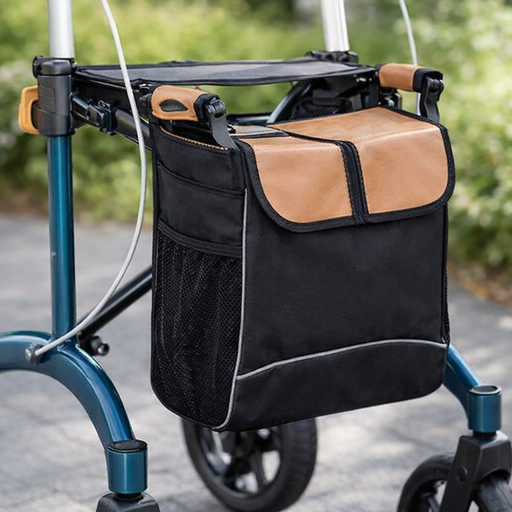 Rollator Bag – Black & Brown Leather – 5kg Capacity – Mobility Aid