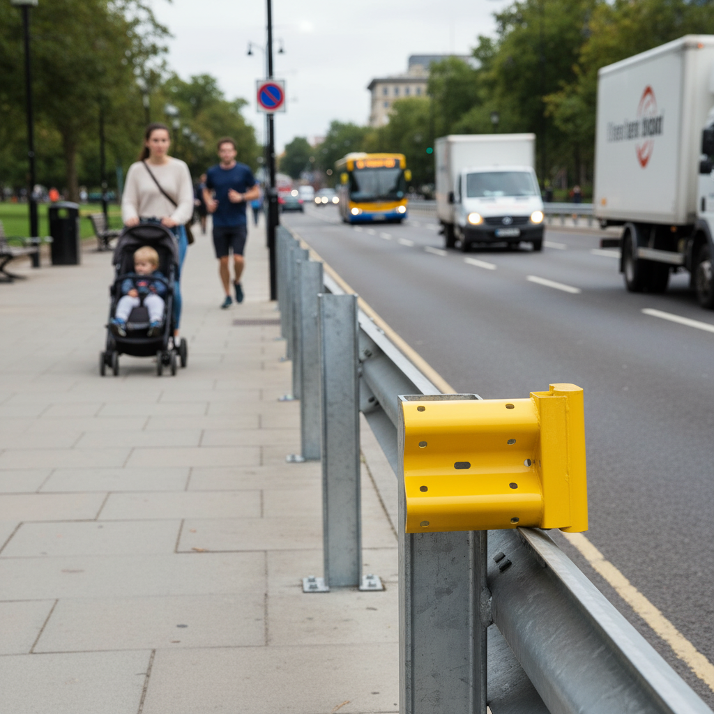 Premium Pedestrian Friendly Scroll End Cap - Yellow Powder-Coated Galvanised Steel for Enhanced... - side view | Barriers Co