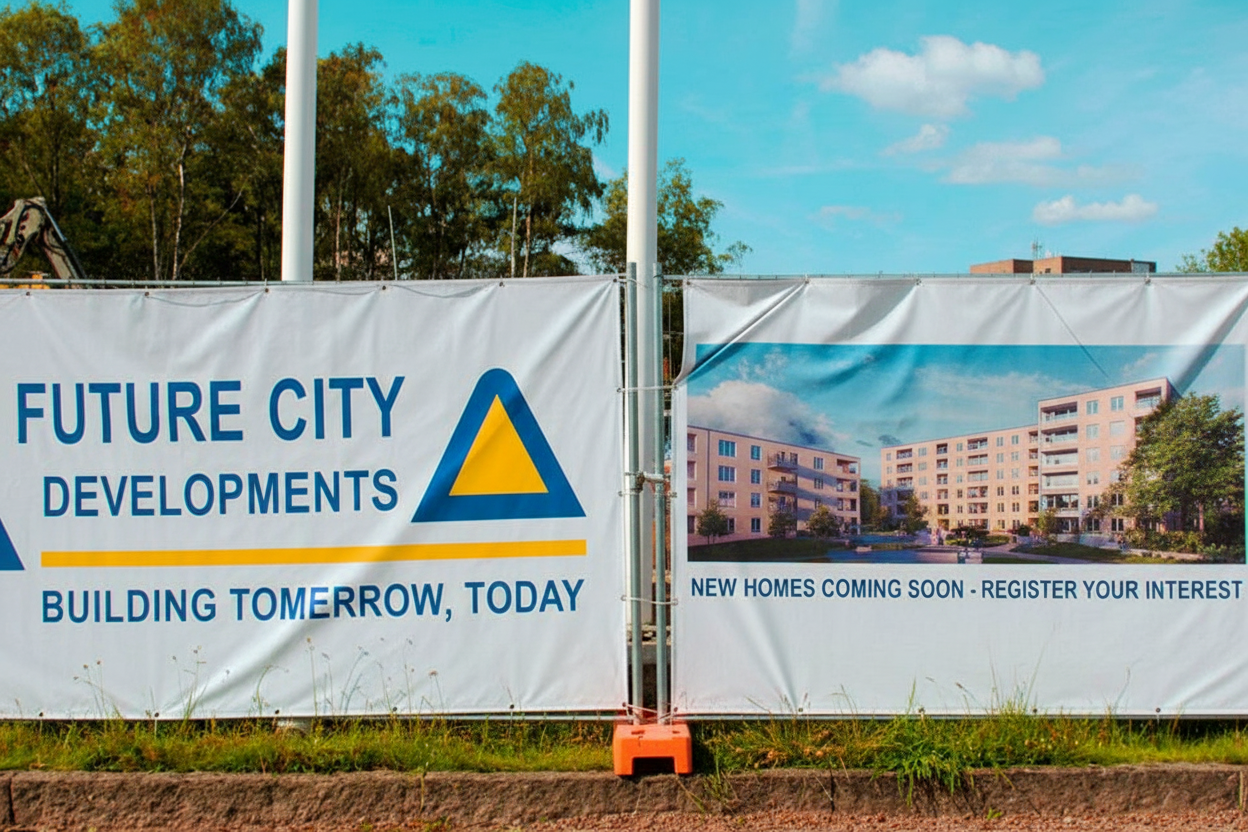 Premium Custom-Printed Advertising Banner for Temporary Fencing - High-Visibility Design for Construction Sites and Events