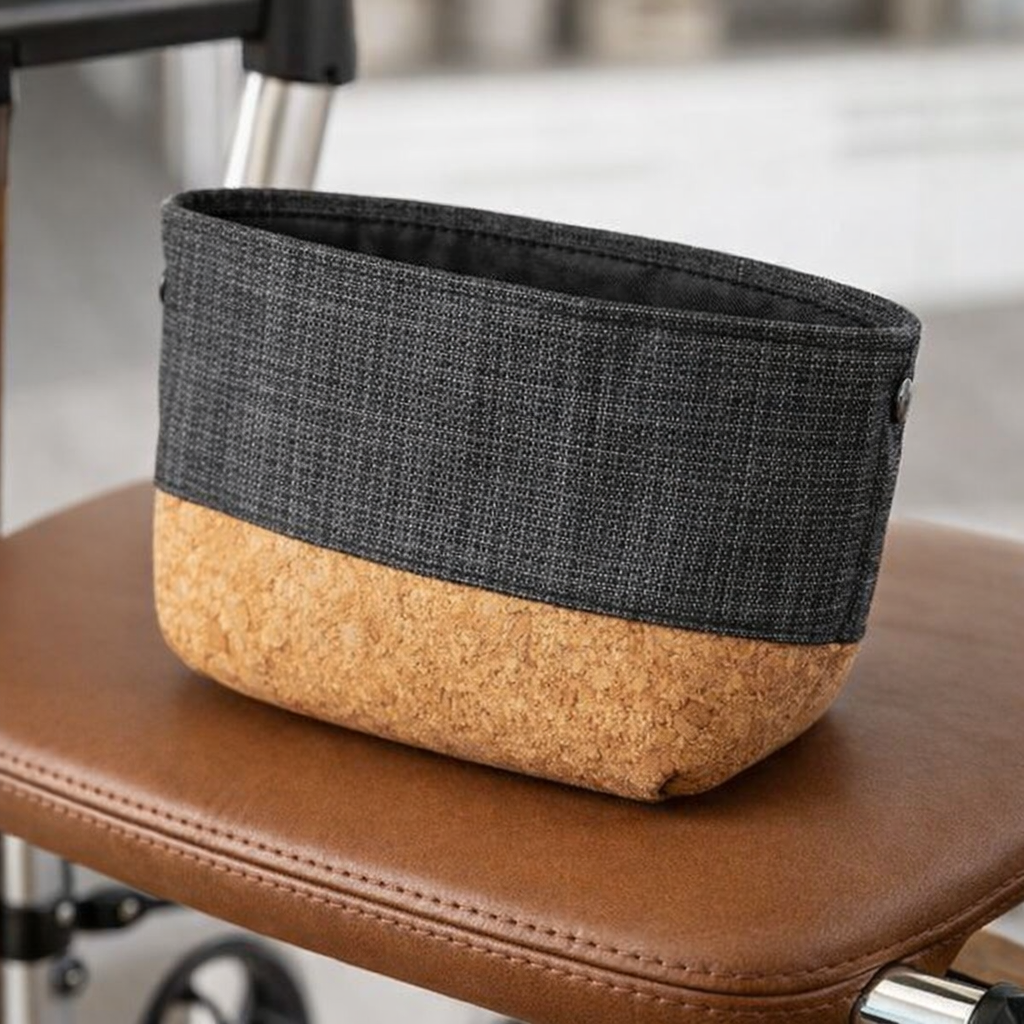 Indoor Rollator Accessory Bag – White – Woven Fabric with Cork Base – Mobility Use