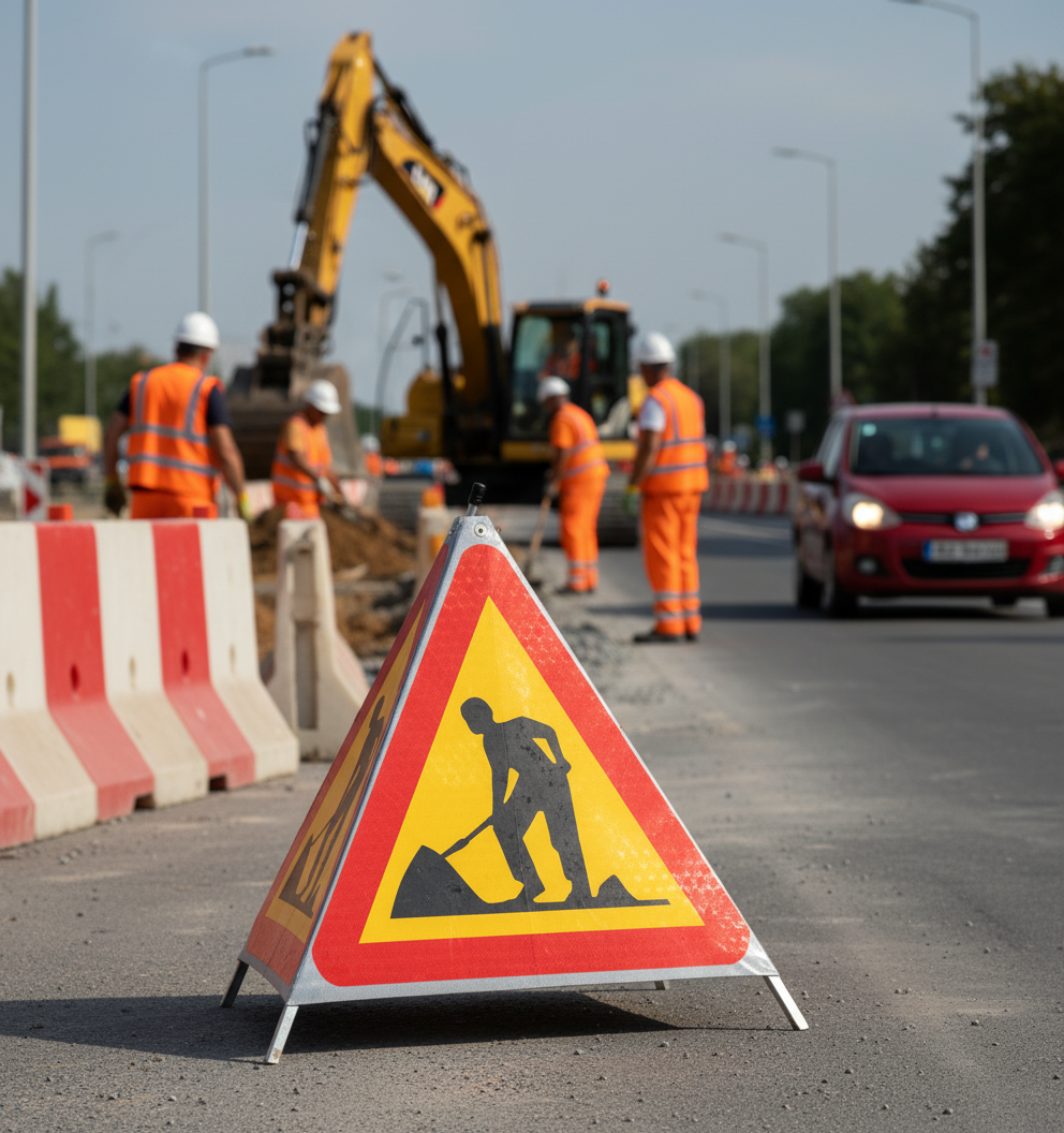 Premium Folding Construction Sign with Symbol for Road Work, 900mm Size, Includes Carry Case