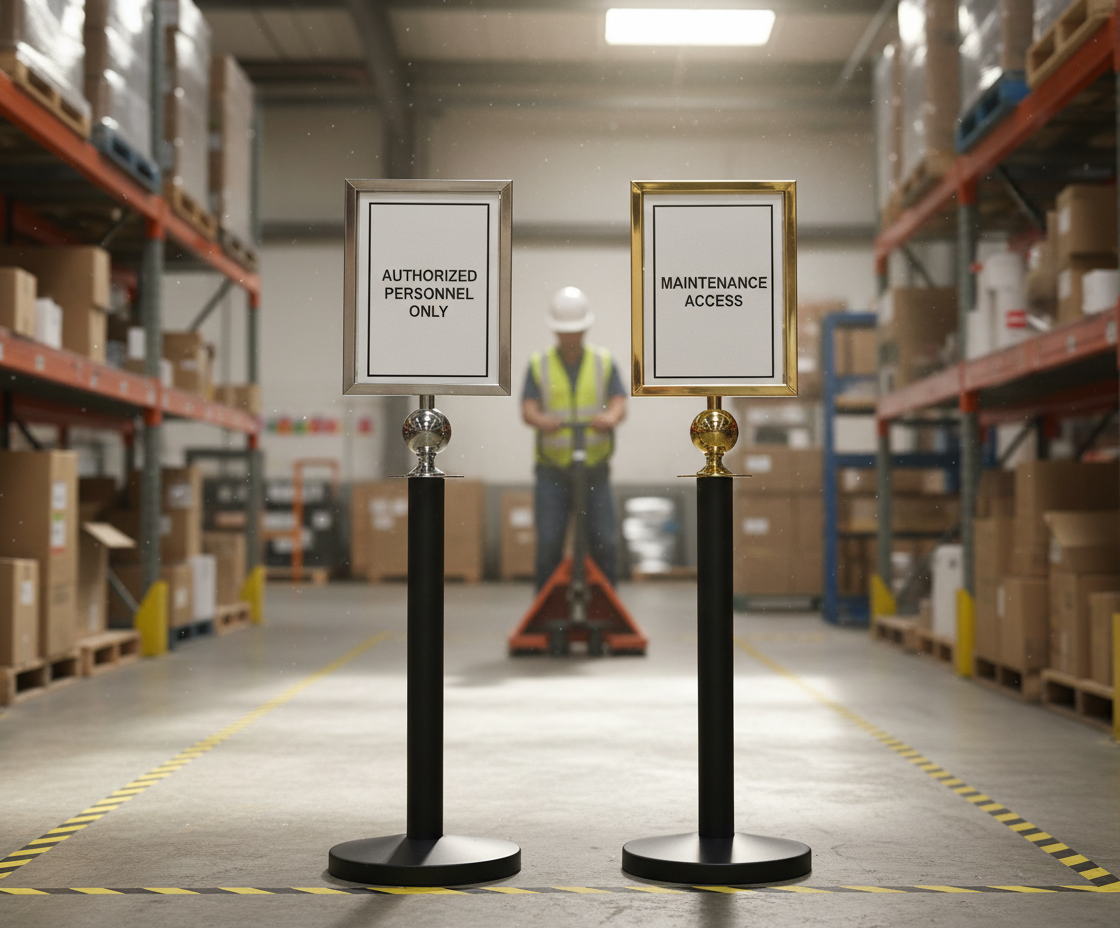 Premium A4 Sign Holder for Rope Stanchions - Polished Chrome & Brass Finish with Acrylic Frames
