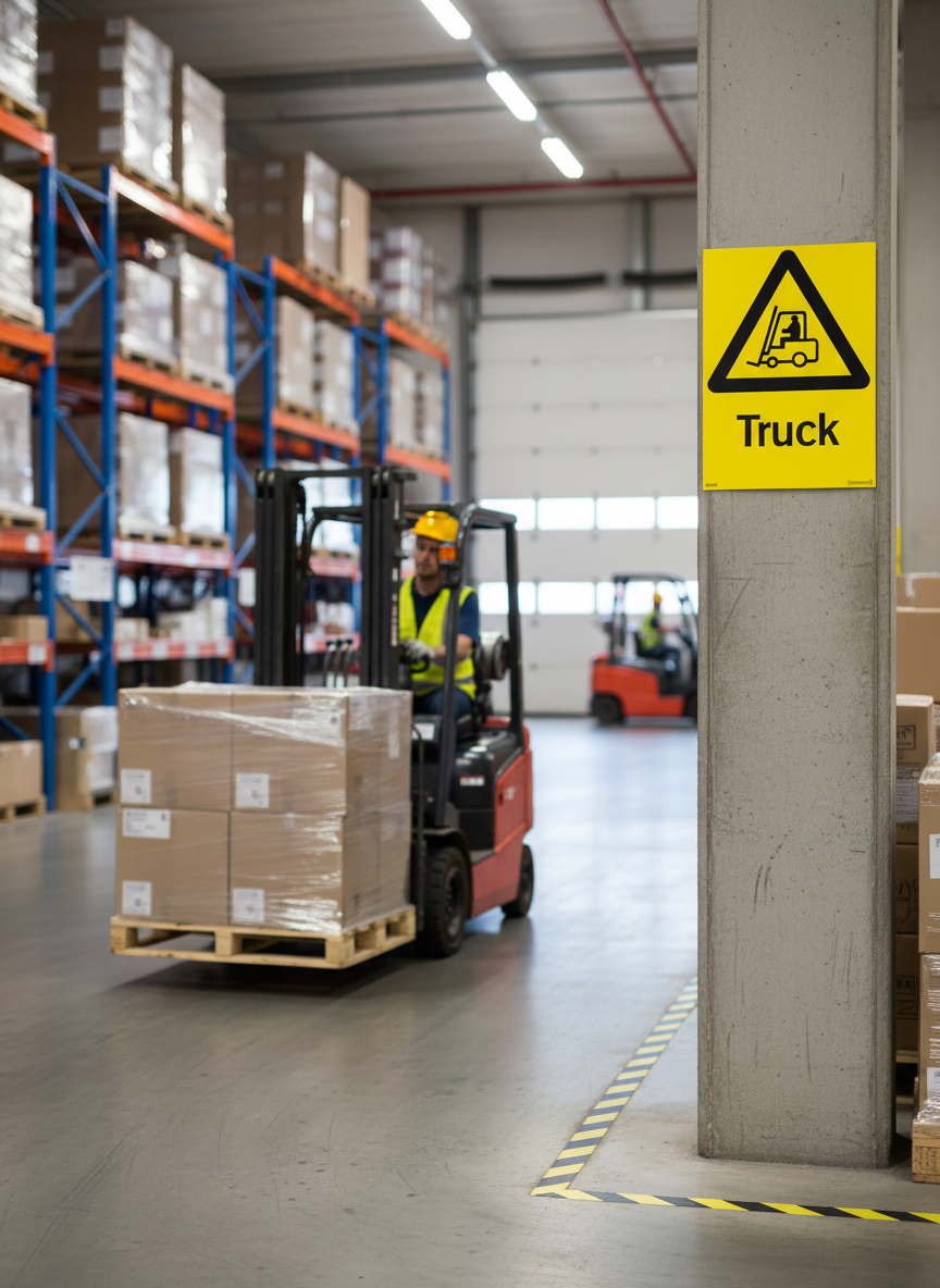 Premium Warning Sign for Forklift Safety - Durable Materials in Multiple Sizes for Clear Workplace Communication
