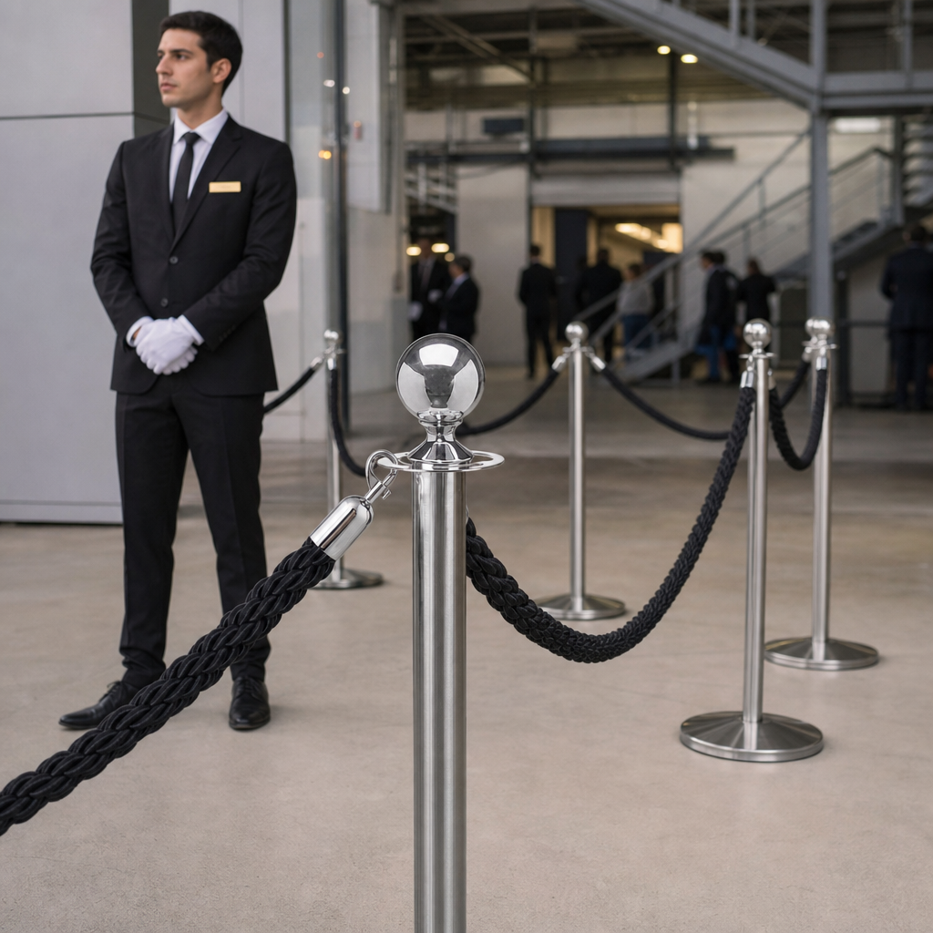 Silver Rope Barrier Set with Black Ropes for Event Management (Pack of 4)