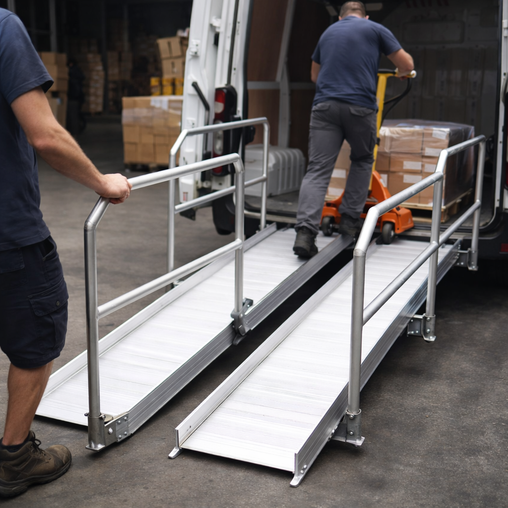 Vehicle Accessible Ramps – 990mm L x 1000mm W – Handrails – Industrial Use