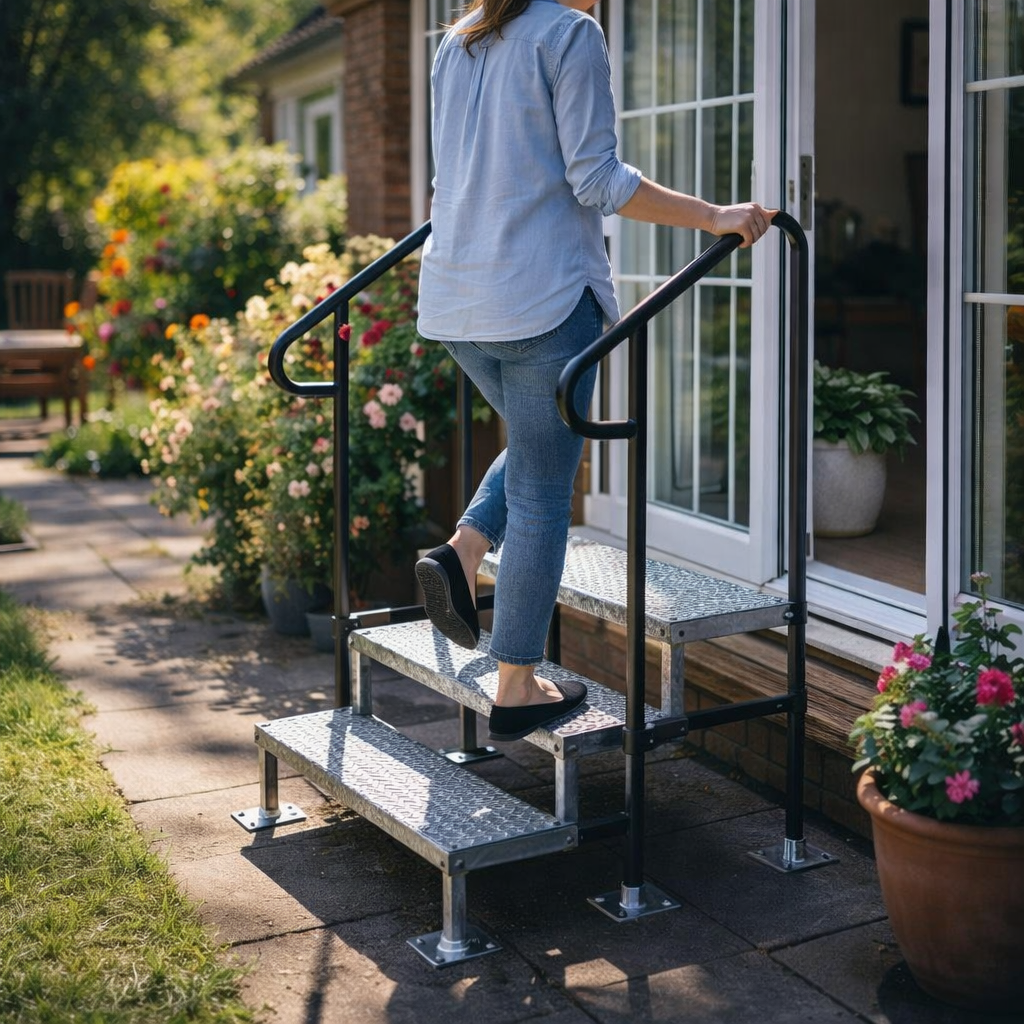 Adjustable Steel 3 Step with Handrails – 465mm-525mm – Galvanised – Mobility Access