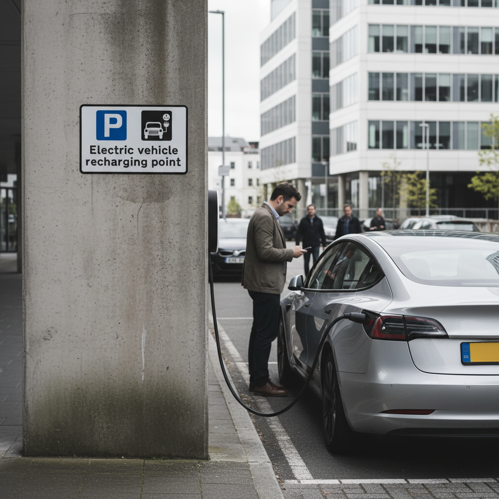 Professional Wall-Mounted Electric Vehicle Charging Sign with Retro-Reflective Material for Enhanced Visibility and Public Highway Compliance