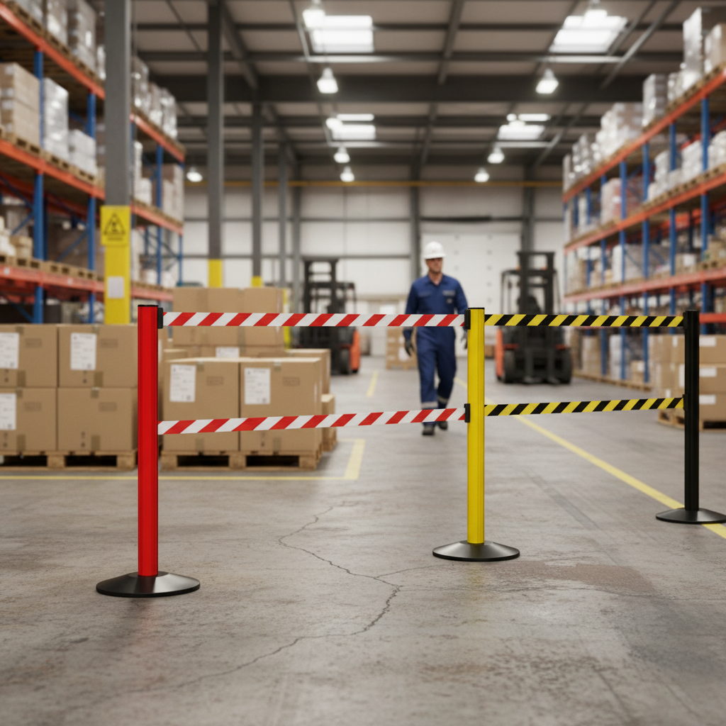 Premium Heavy Duty Safety Stanchion with Dual Retractable Belts (2.3m & 3.7m) for Industrial and Outdoor Use